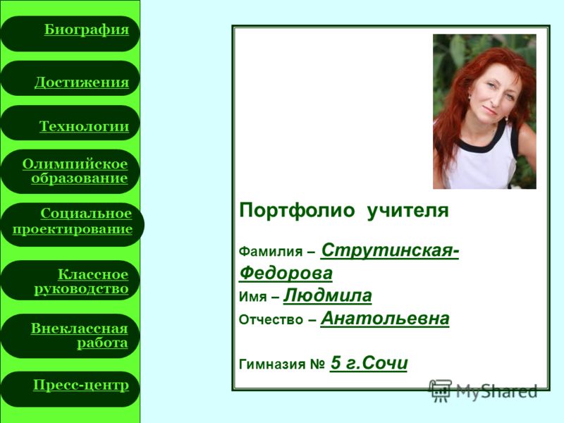 Фамилия учителя. Отчество Анатольевна. Струтинская-Федорова Людмила Анатольевна. Биография достижения.. Имена и фамилии учителей.