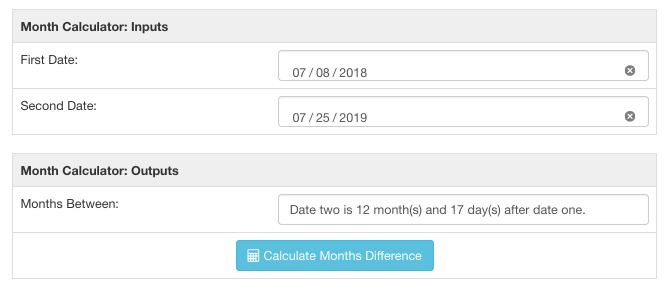 Month calculator showing the difference between two dates by number of months.