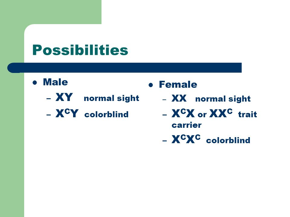 Possibilities Male – XY normal sight – X C Y colorblind Female – XX normal sight – X C X or XX C trait carrier – X C X C colorblind