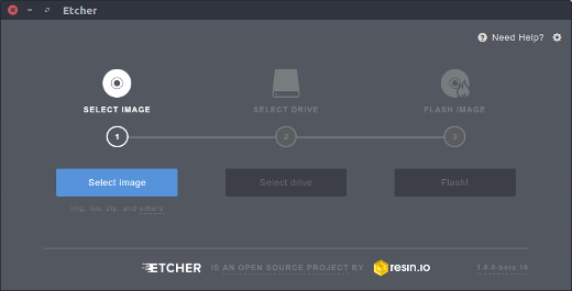 An image showing the Etcher application running on Ubuntu 16.04 LTS