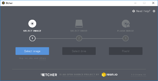 An image showing the Etcher application running on Windows 10