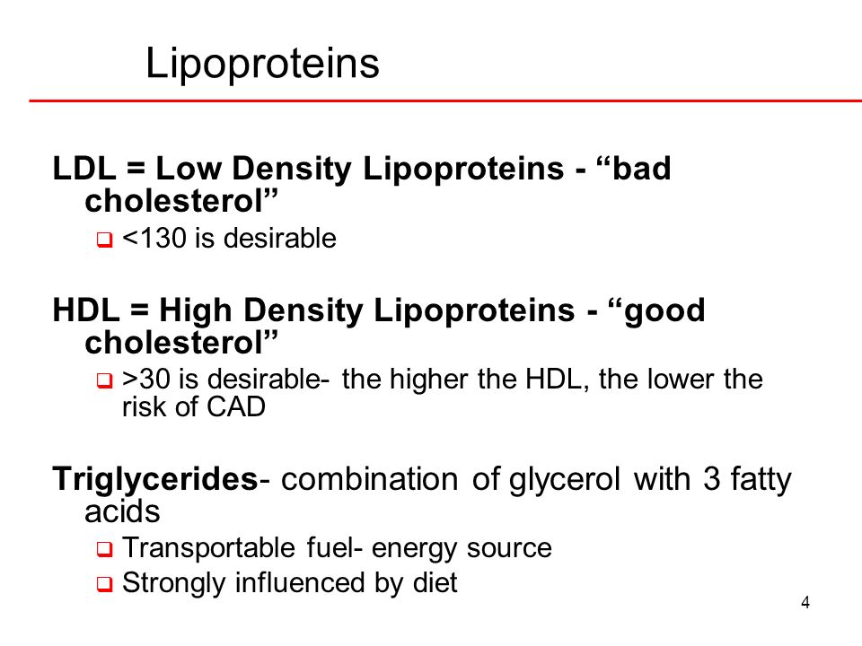 Lipoproteins LDL = Low Density Lipoproteins - bad cholesterol